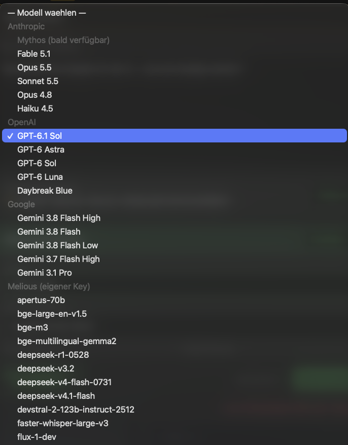 Model picker in boostN with GPT-6.1 Sol selected