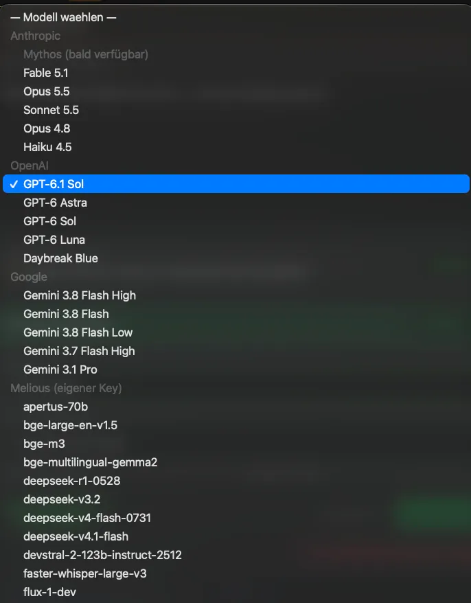 Model picker in boostN with GPT-6.1 Sol selected