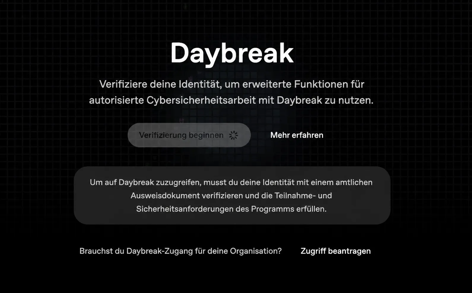 Daybreak-Seite während der Prüfung der Identität und des Zugangs