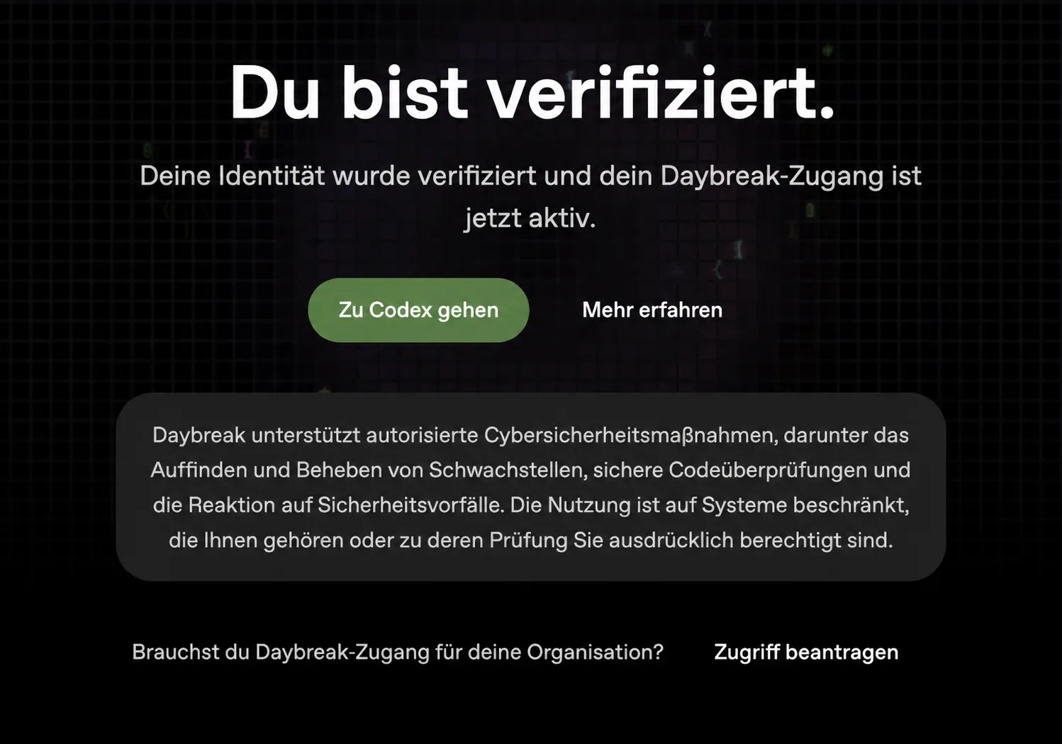 Erfolgreiche Daybreak-Verifizierung mit aktivem Zugang