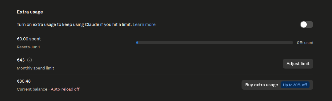 Anthropic-Account-Einstellung: Toggle 'Turn on extra usage to keep using Claude if you hit a limit' mit Monatslimit