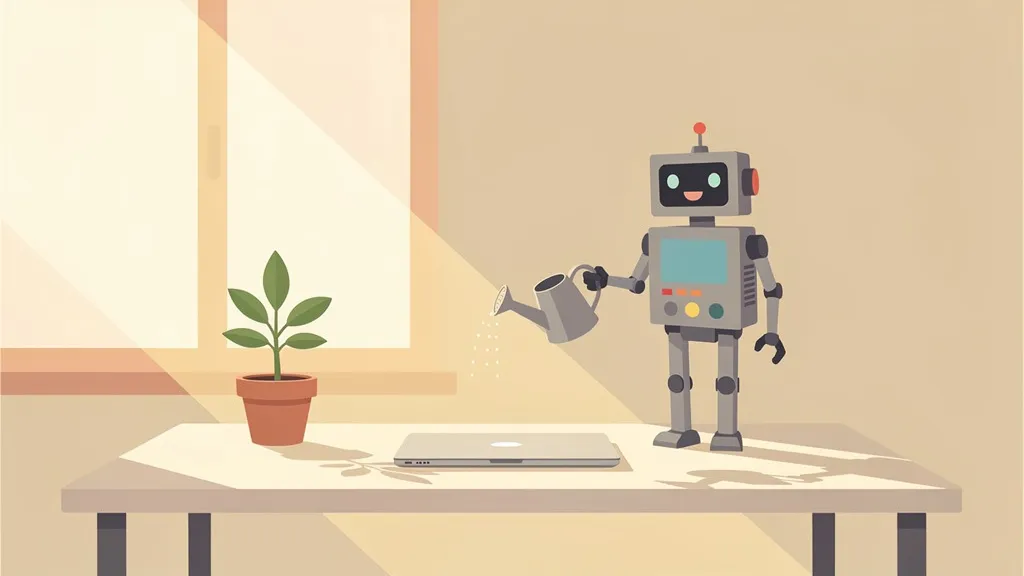 Minimalistische Illustration: ein kleiner Roboter gießt eine Pflanze auf einem Schreibtisch im weichen Morgenlicht